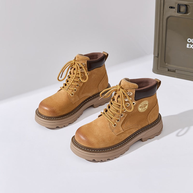 Wang Worker Couple Outdoor Travel Height Increasing Insole Platform Women's Leather Boots