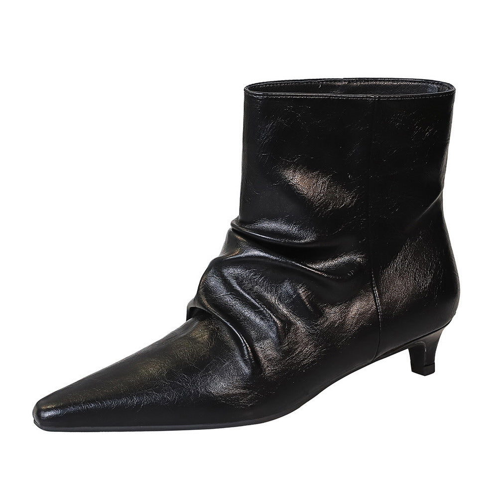 Women's Pointed Toe Stiletto Retro Lazy Style Pleated Fashion Pile French Women's Leather Boots