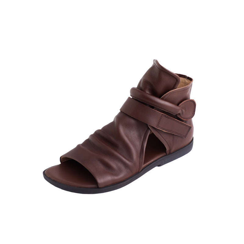 Handmade Cowhide Velcro Fish Mouth Single Flat Sandals