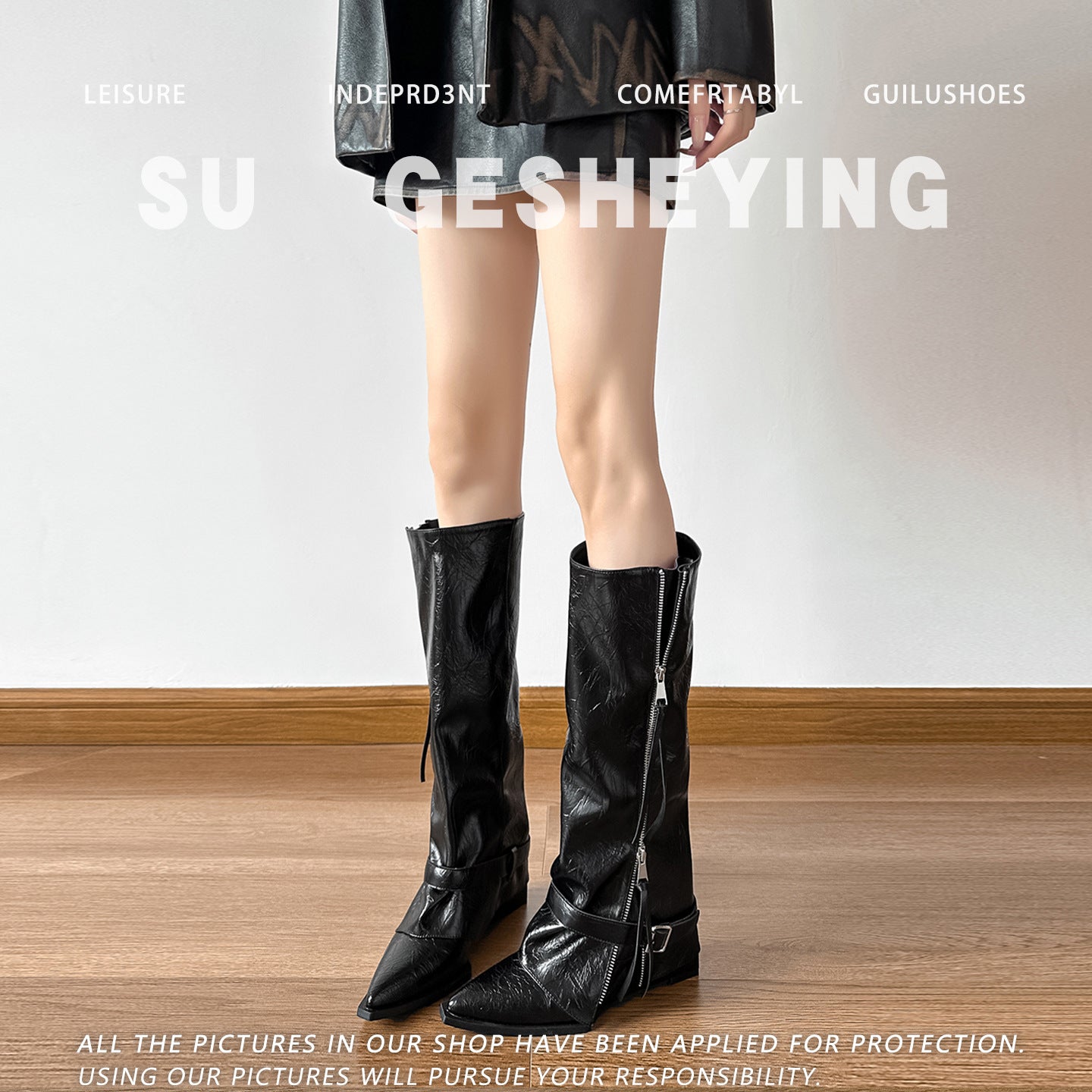 Women's Black Pointed Zipper Pile Style British Below The Knee High Boots