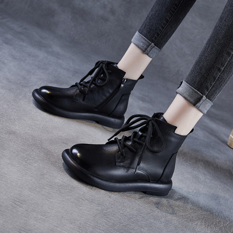 Women's Layer Cowhide Martin Retro British Style Short Women's Leather Boots