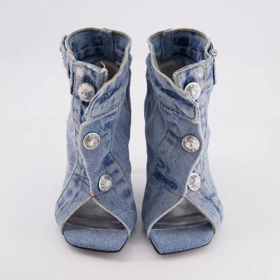 Women's Fat Feet Loose Denim Chunky Fashion Sweet High Heeled Sandals