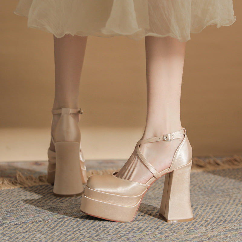 Women's Square Toe Chunky Hollow Waterproof Platform Super High Wedding Heels