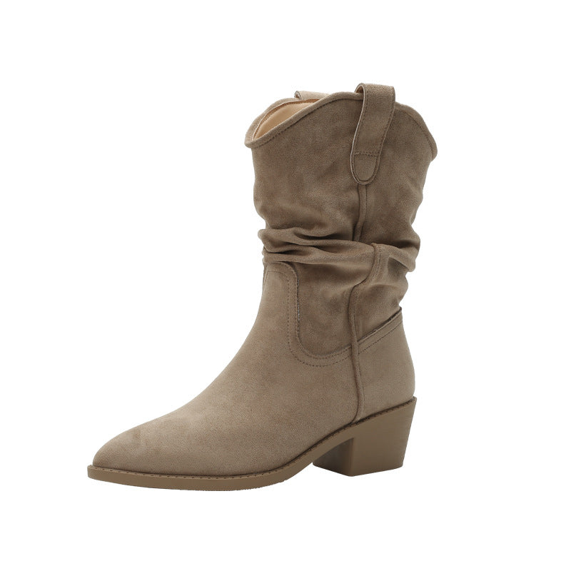 Women's V-shaped Mouth Thick Short Retro Length Pleated Pile Women's Leather Boots