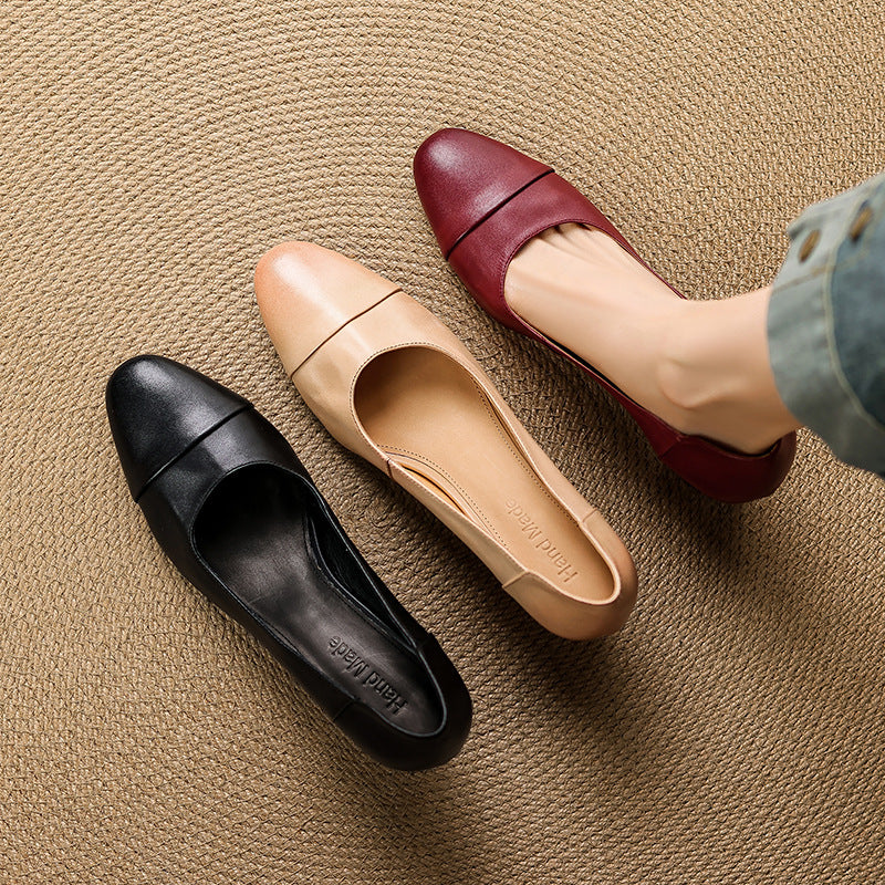 Women's Retro Thick High Genuine Shallow Mouth Slip-on Commute Black Red Women's Fashion Shoes