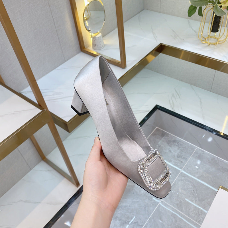 Women's Chunky Square Toe Rhinestone Versatile Single-layer Low-cut Women's Fashion Shoes