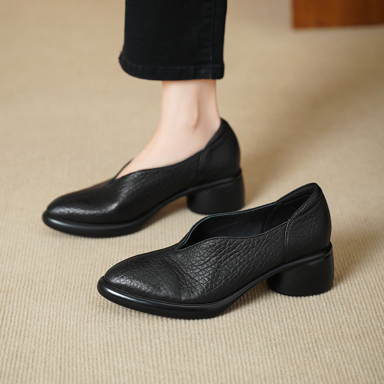 Pointed Toe Chunky V Cut Versatile Mom Soft Mid Women's Fashion Shoes
