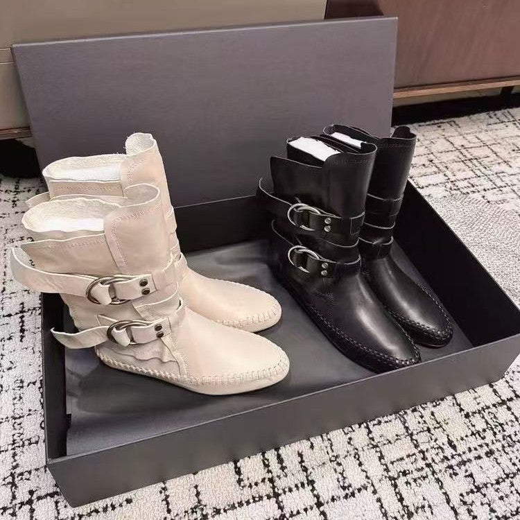 Style Square Head Female Metal Buckle Retro Flat Bottom Women's Leather Boots