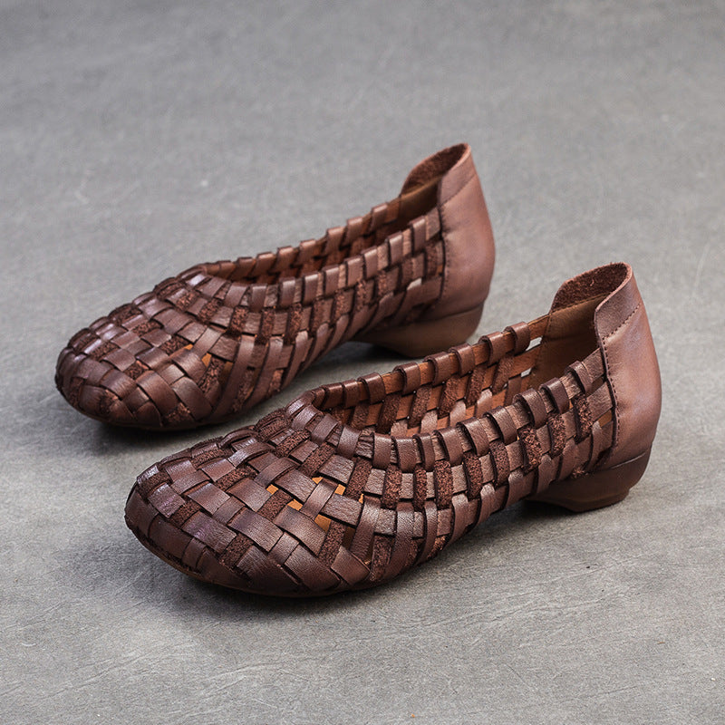 Women's First Layer Cowhide Slip-on Hand-woven Breathable Bottom Men's Shoes