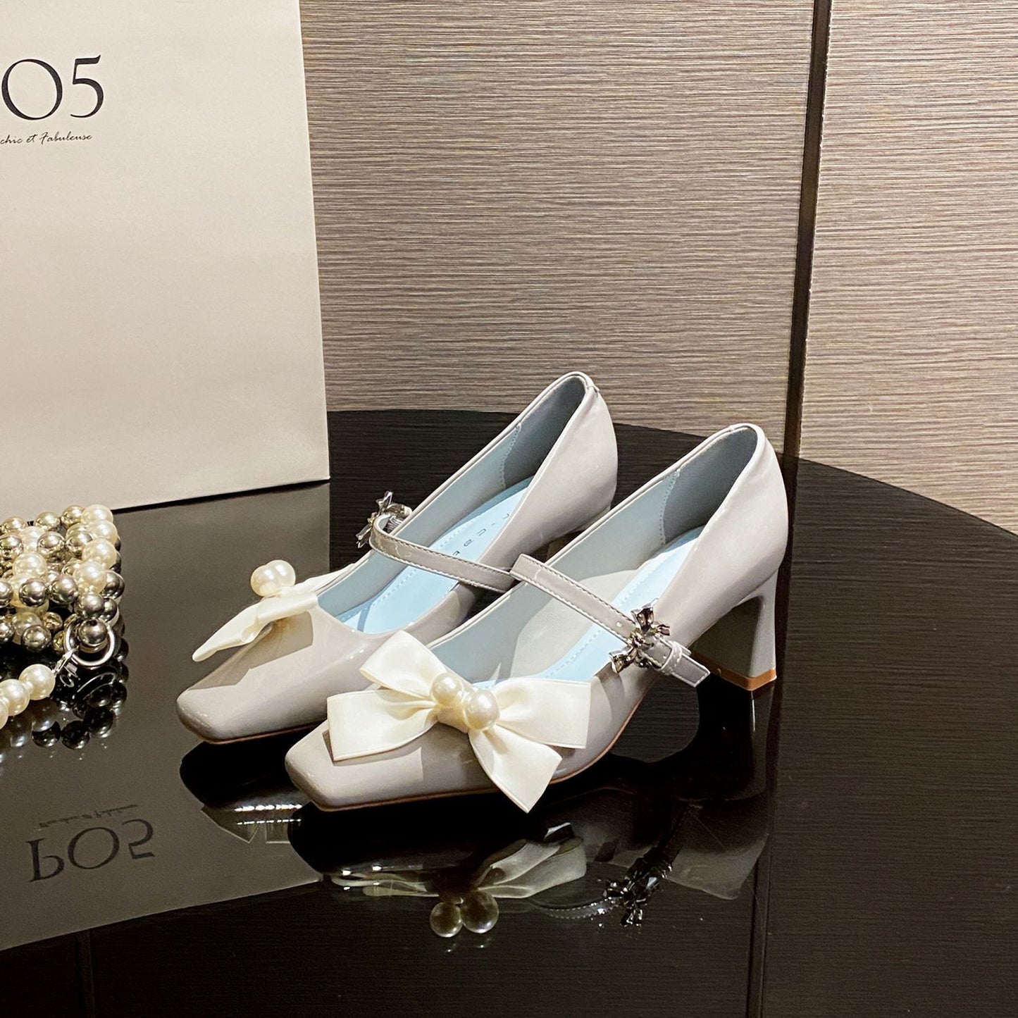 Women's Chunky Square Toe Mary Jane French Pearl Bow Heels