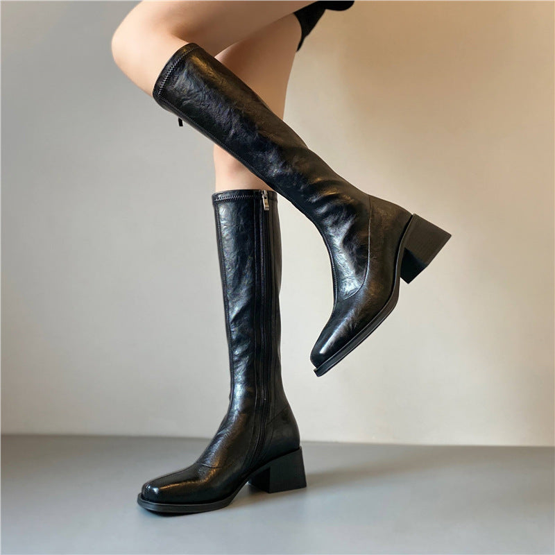 Leg Soft Mute Bottom Wrapping Slimming Pants Square Toe Stretch Women's Leather Boots
