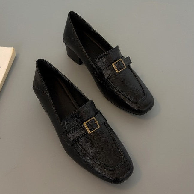 Women's Cowhide Square Toe Commuter Chunky French Pumps Loafers