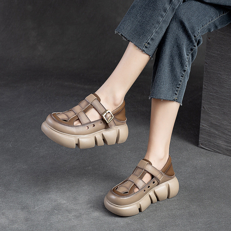 Women's Head Buckle Retro Style Top Layer Platform Sandals
