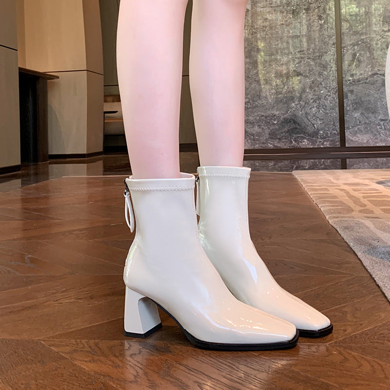 Women's Toe Chunky Large Tube Circumference Skinny Glossy Women's Leather Boots