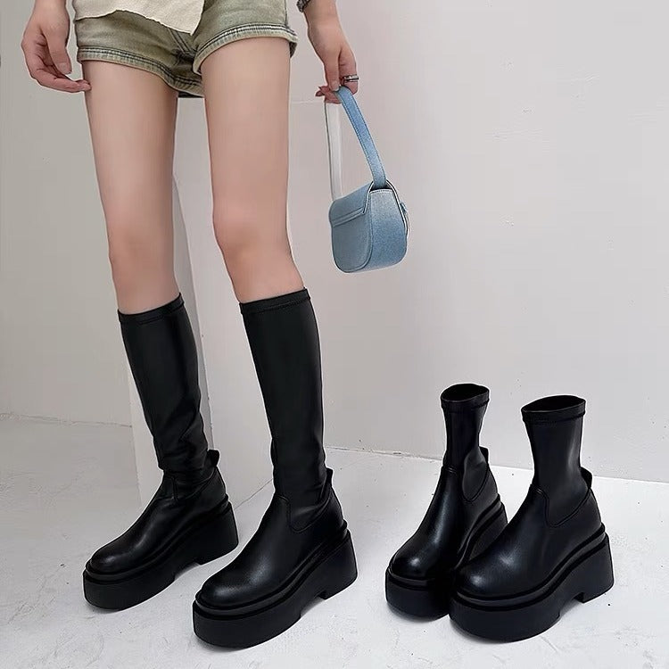 Women's Skinny Below The Knee Platform Thin Small Man Women's Leather Boots
