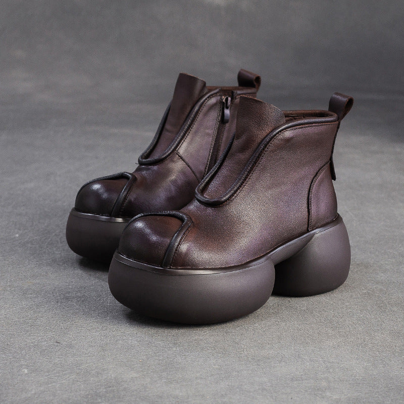 Women's Shu First Layer Cowhide Round Head Chunky Solid Color Women's Leather Boots