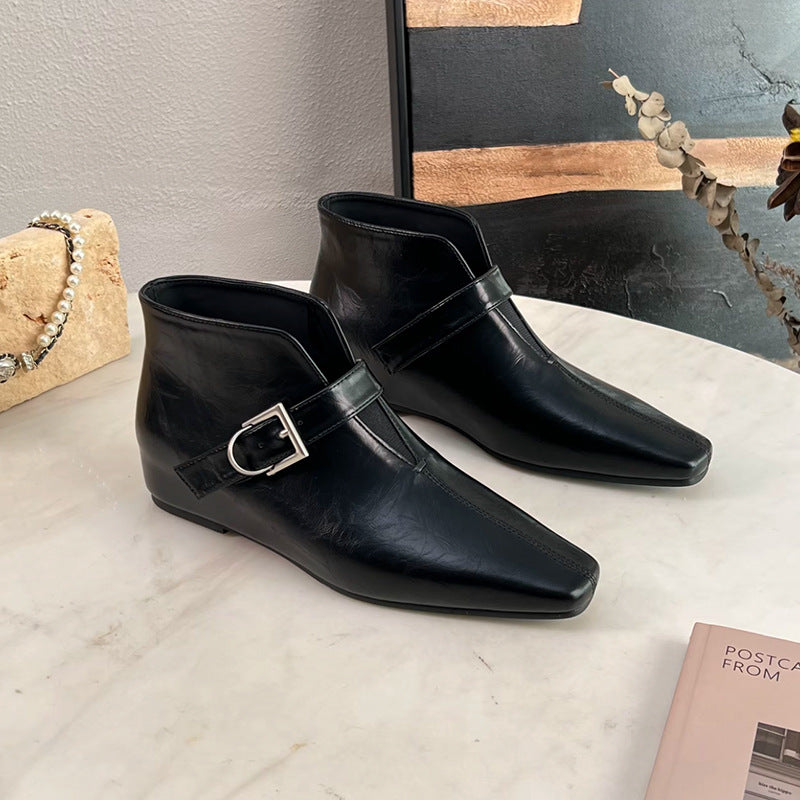 Inner Height Increasing Female Square Toe Small Versatile Slimming British Women's Leather Boots