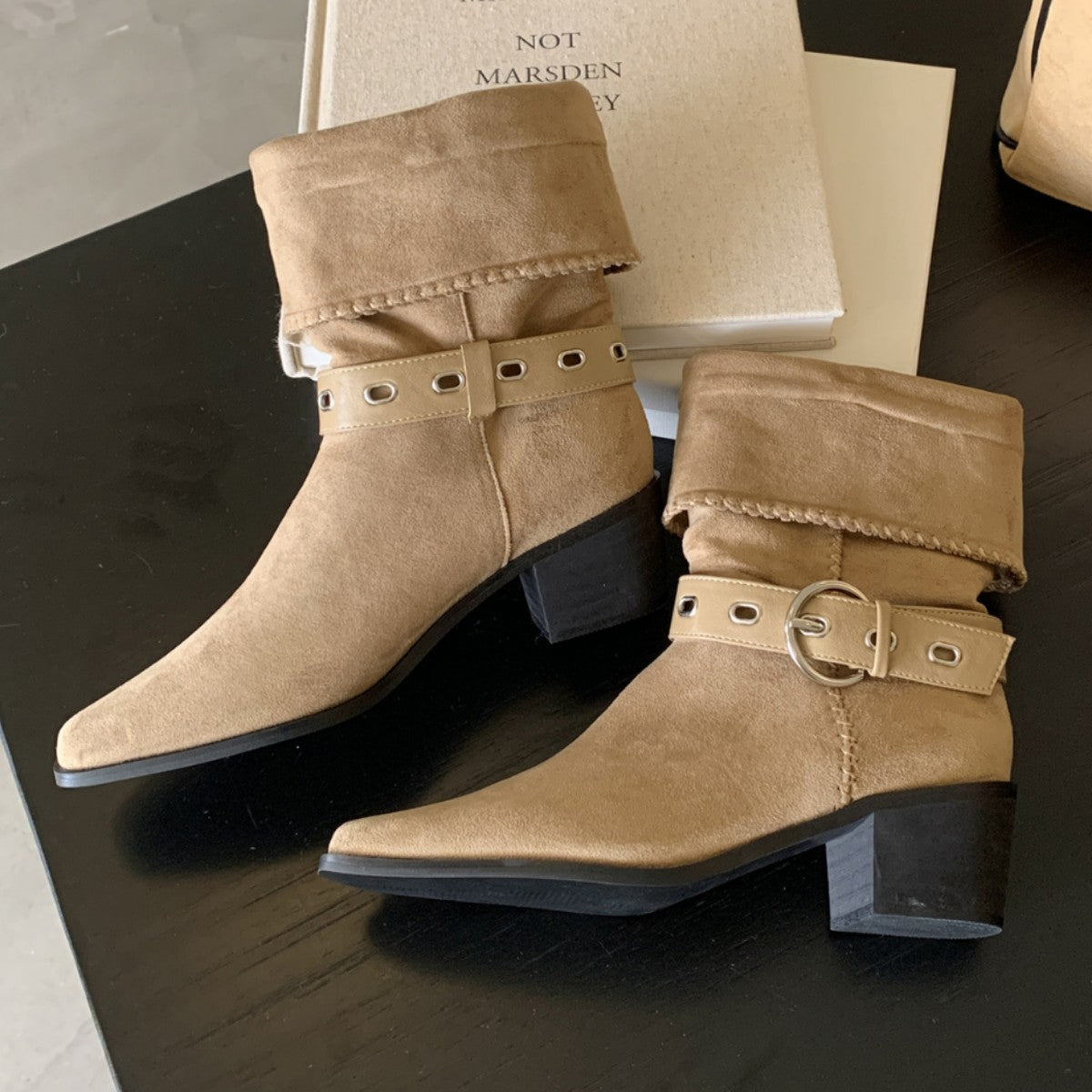 Women's Knight Vintage Suede Northwest Style Cowboy Square Toe Chunky Women's Leather Boots