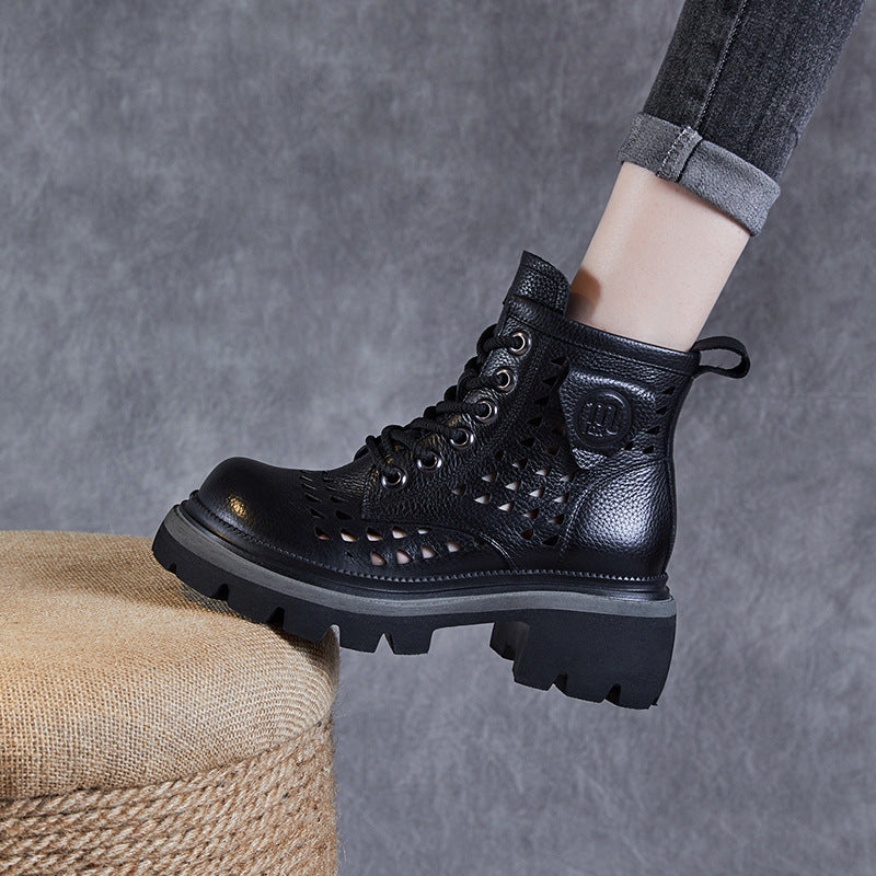 Women's First Layer Cowhide Retro British Platform Women's Leather Boots