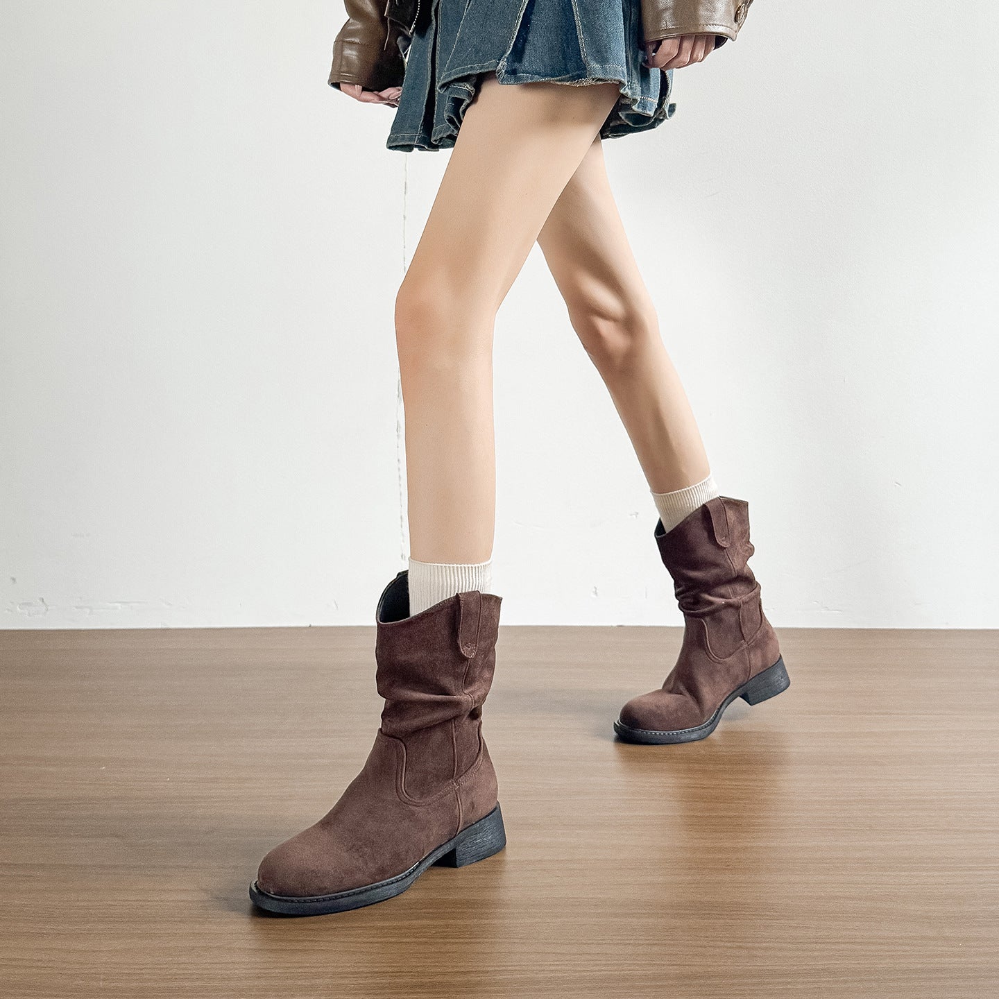 Women's Khaki Martin Pile Style Pleated Single Western Women's Leather Boots