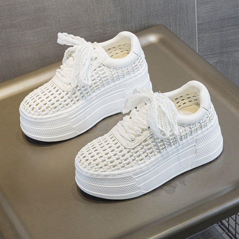 Women's Thick-soled Hollowed Fashion Summer Woven Breathable White Women's Casual Shoes