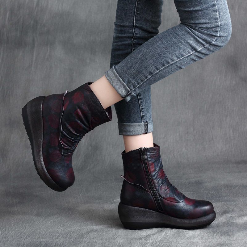 Thick Bottom Wedge Color Matching Side Zipper Women's Leather Boots