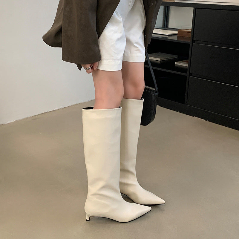 Graceful Pointed Toe High Leg Solid Women's Leather Boots