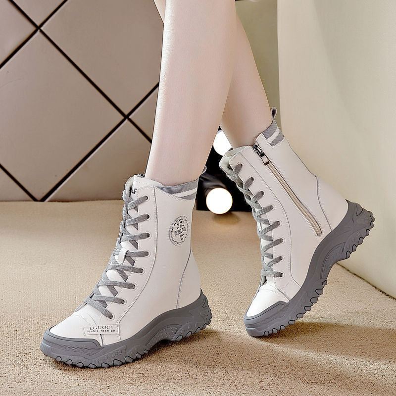 Women's Booties Fleece-lined Cotton Small Man Height Increasing Insole Women's Leather Boots