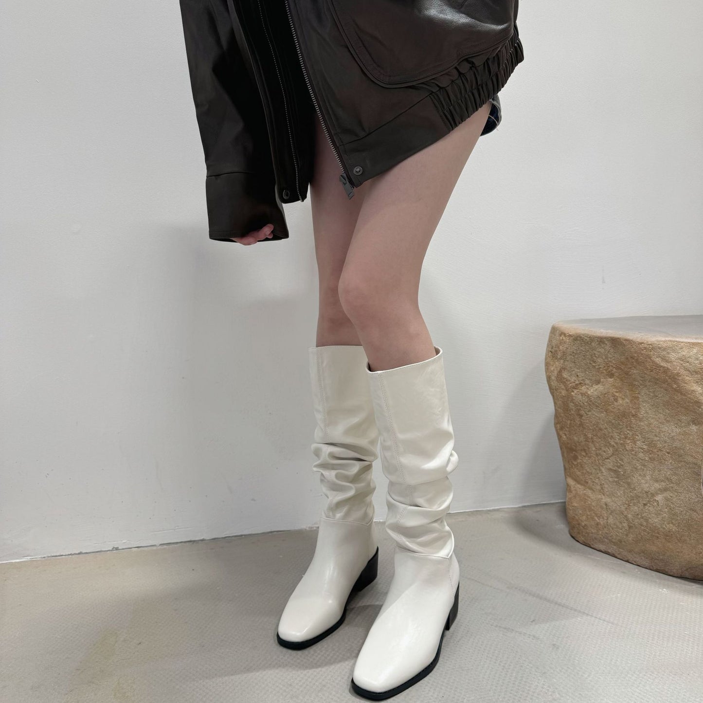 Women's Toe Pleated Pile Style Thick Below The Knee Long Tube Heels