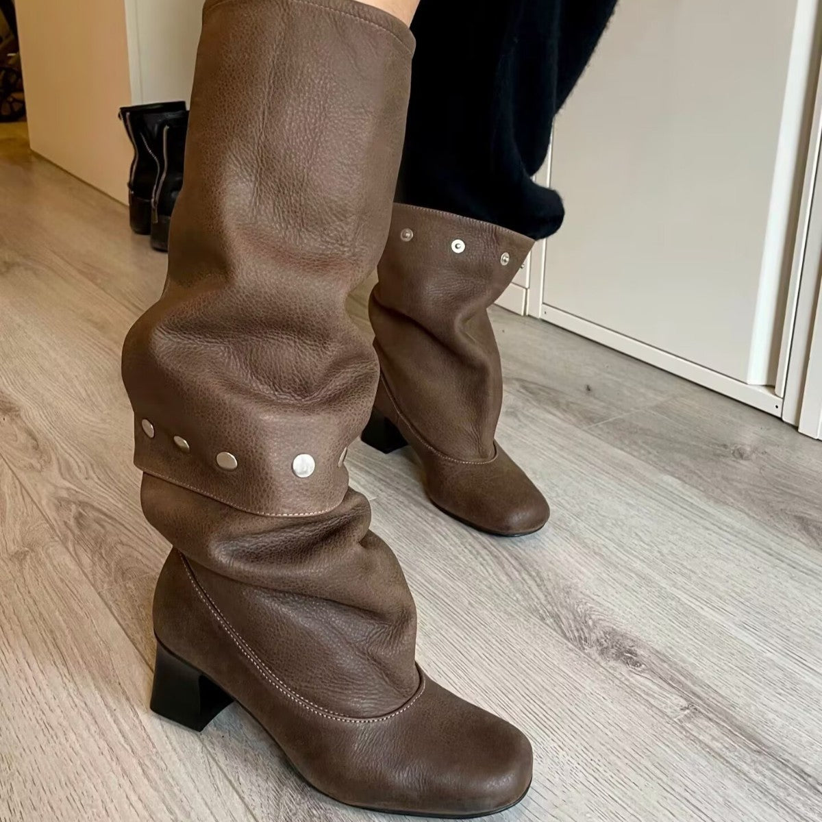 Square Toe Brushed Two-way Removable Below The Knee Women's Leather Boots