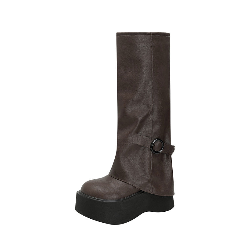 Women's Autumn Small Pantyhose Muffin Knight Thick Bottom Increased Fat Widened Women's Leather Boots