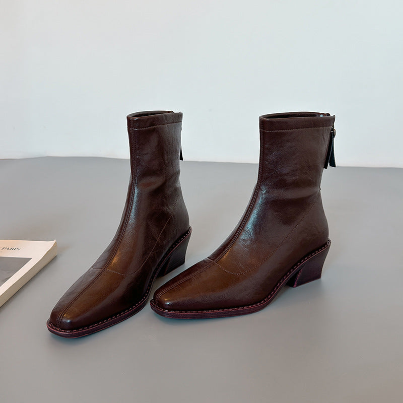 Women's Chunky Square Toe Booties Back Zipper Women's Leather Boots