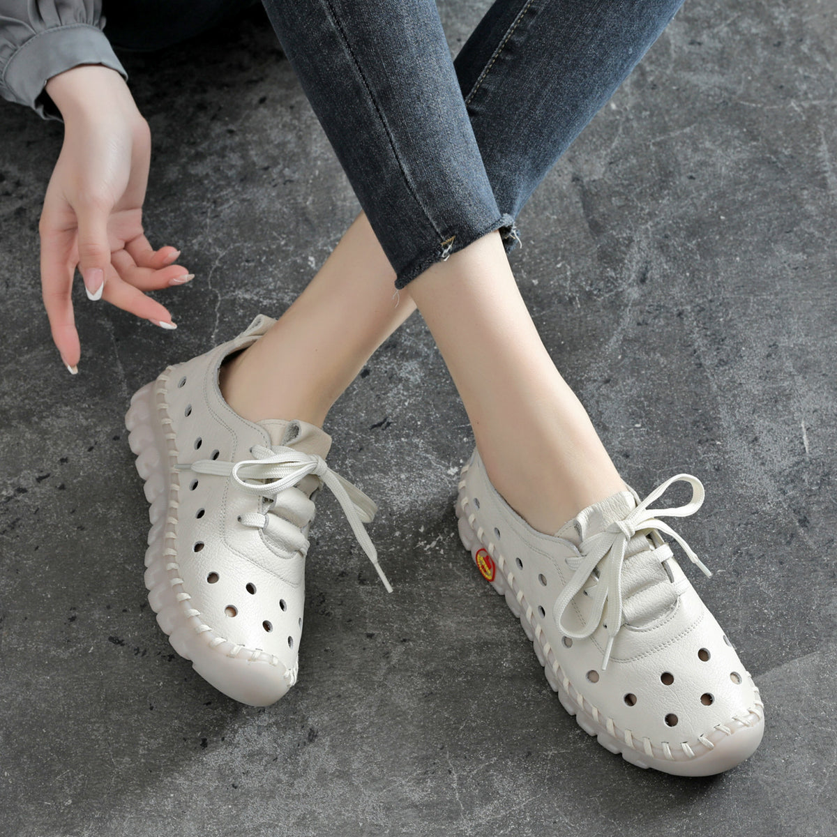 Women's Hole Genuine Comfortable Soft Soled Flats Women's Casual Shoes