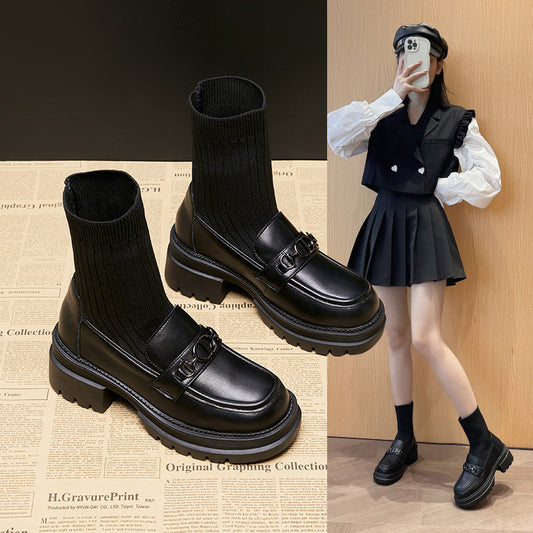 Increasing Insole Martin Female Autumn Chunky Socks Women's Leather Boots