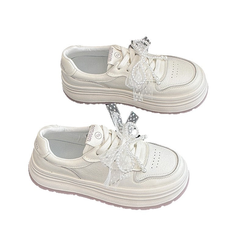 Women's Spring White Korean Versatile Cowhide Muffin Pearl Bow Women's Casual Shoes