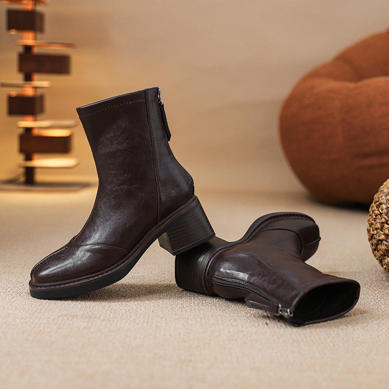 Women's French Hand Pattern Sheepskin Square Toe Martin Back Zipper Women's Leather Boots