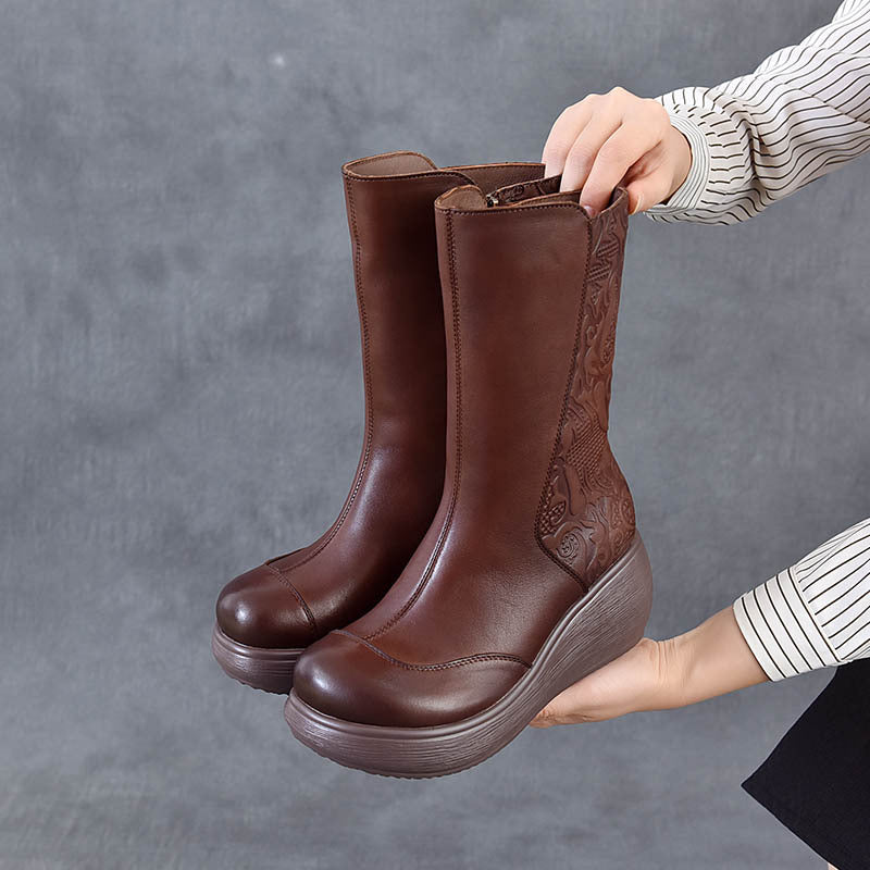 Women's Middle Wedge Platform High-rise With First Layer Of Cowhide Soft Women's Leather Boots