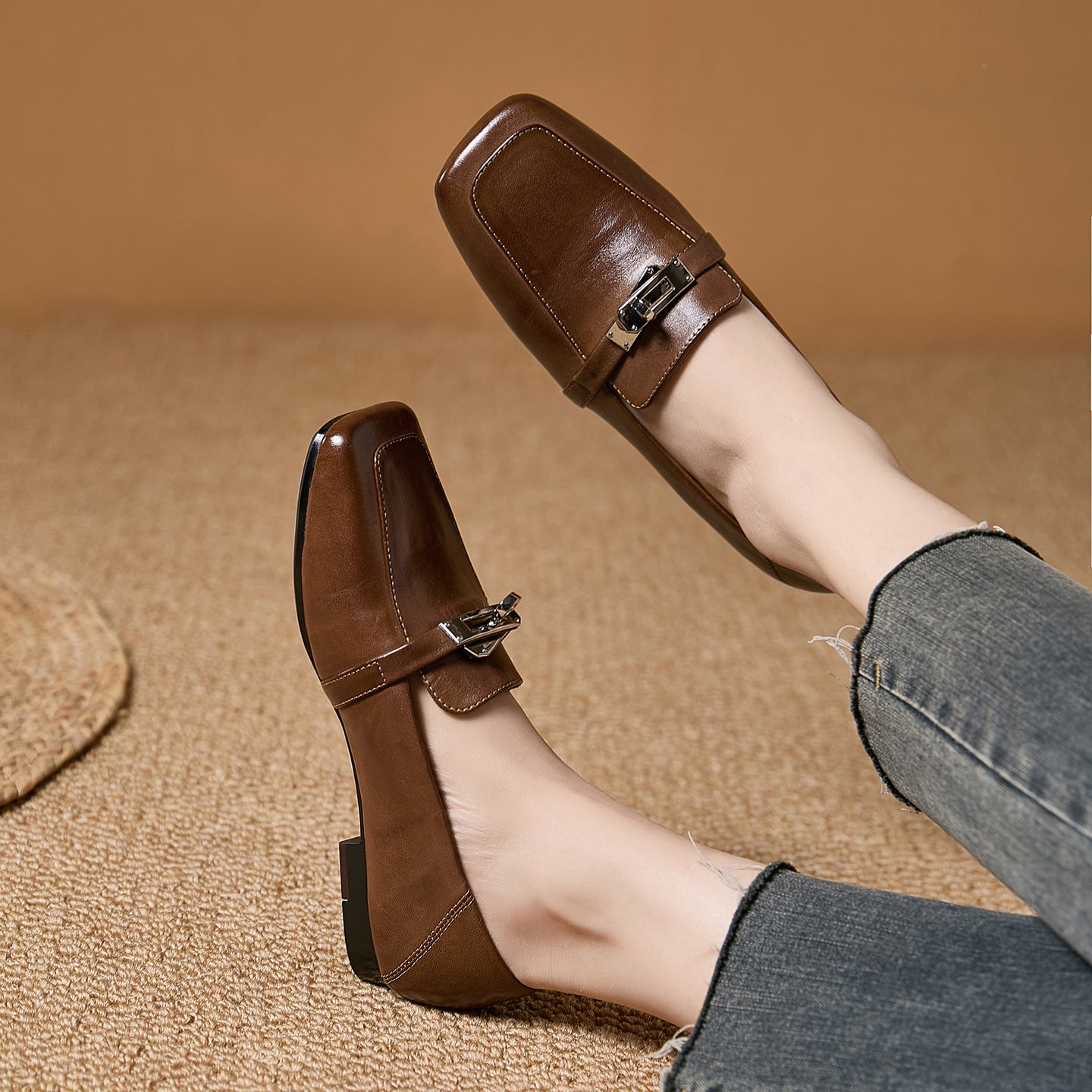 Texture Fashion Square Toe Slip-on Chunky Mid Solid Color Deep Women's Casual Shoes