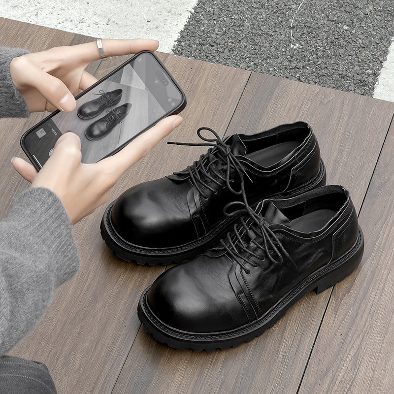Men's Washed Cowhide Commuter Derby Pleated Warped Head Thick Bottom Increased Men's Casual Leather Shoes