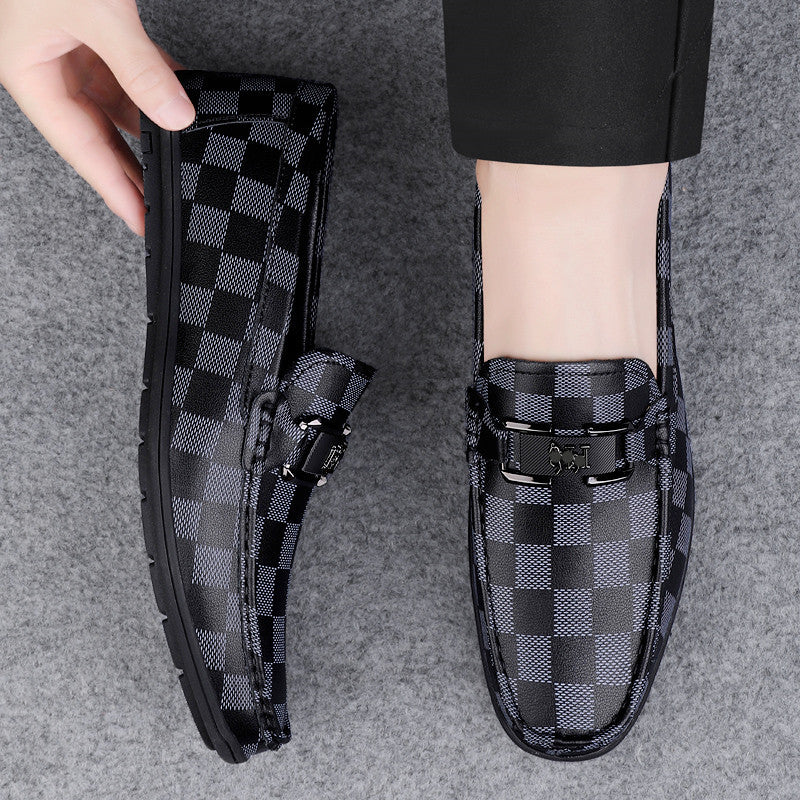 Men's Business Slip-on Flat Driving Plaid Cowhide Loafers