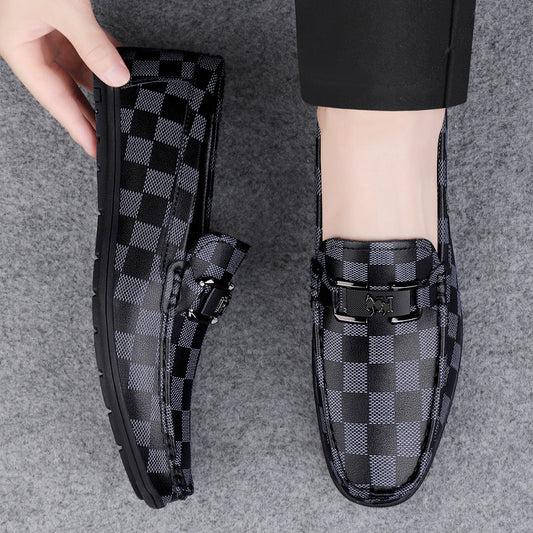 Men's Business Slip-on Flat Driving Plaid Cowhide Loafers