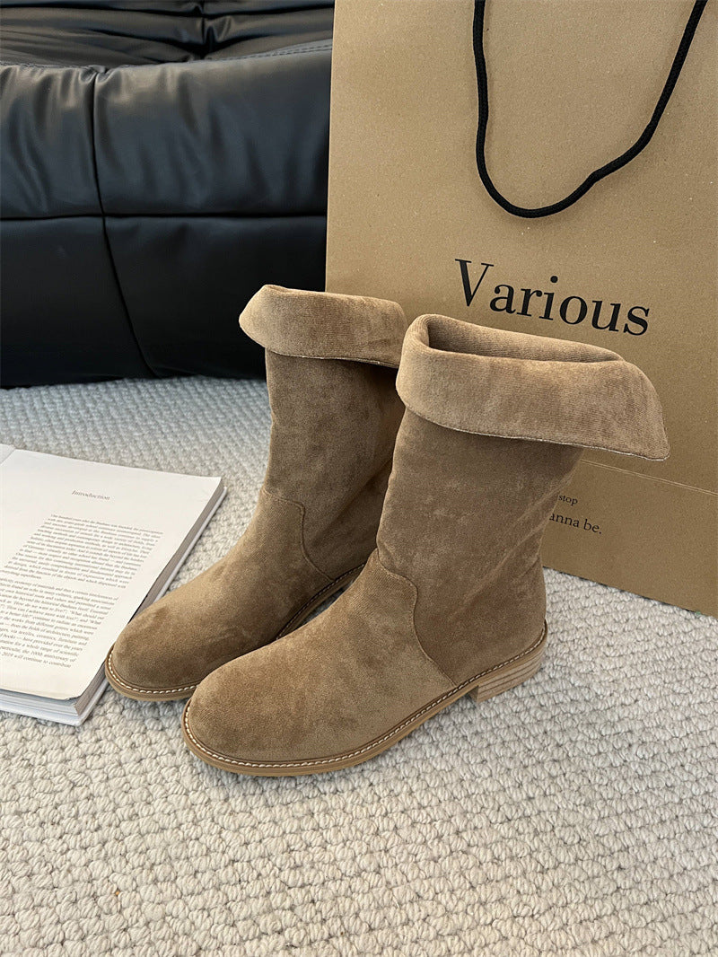 Thick Low Knight Korean Style Fashionable Round Toe Women's Leather Boots