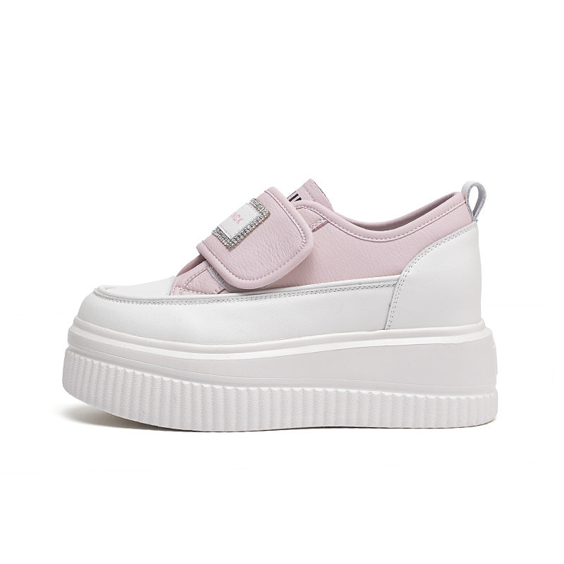 Women's White Spring Velcro Muffin Thick-soled Lightweight Sneakers