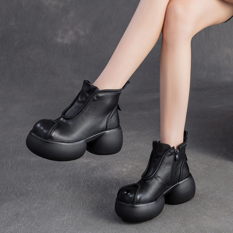 Women's Shu First Layer Cowhide Round Head Chunky Solid Color Women's Leather Boots