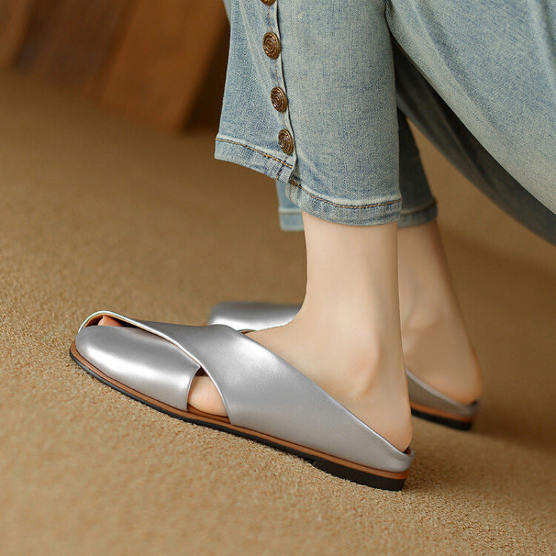 Women's Summer Large Small Size Solid Color One Pedal Flat Slippers