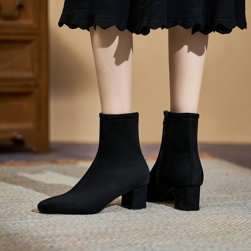 Women's Square Toe Chunky Ankle Large Size High Plus Sizes Women's Leather Boots