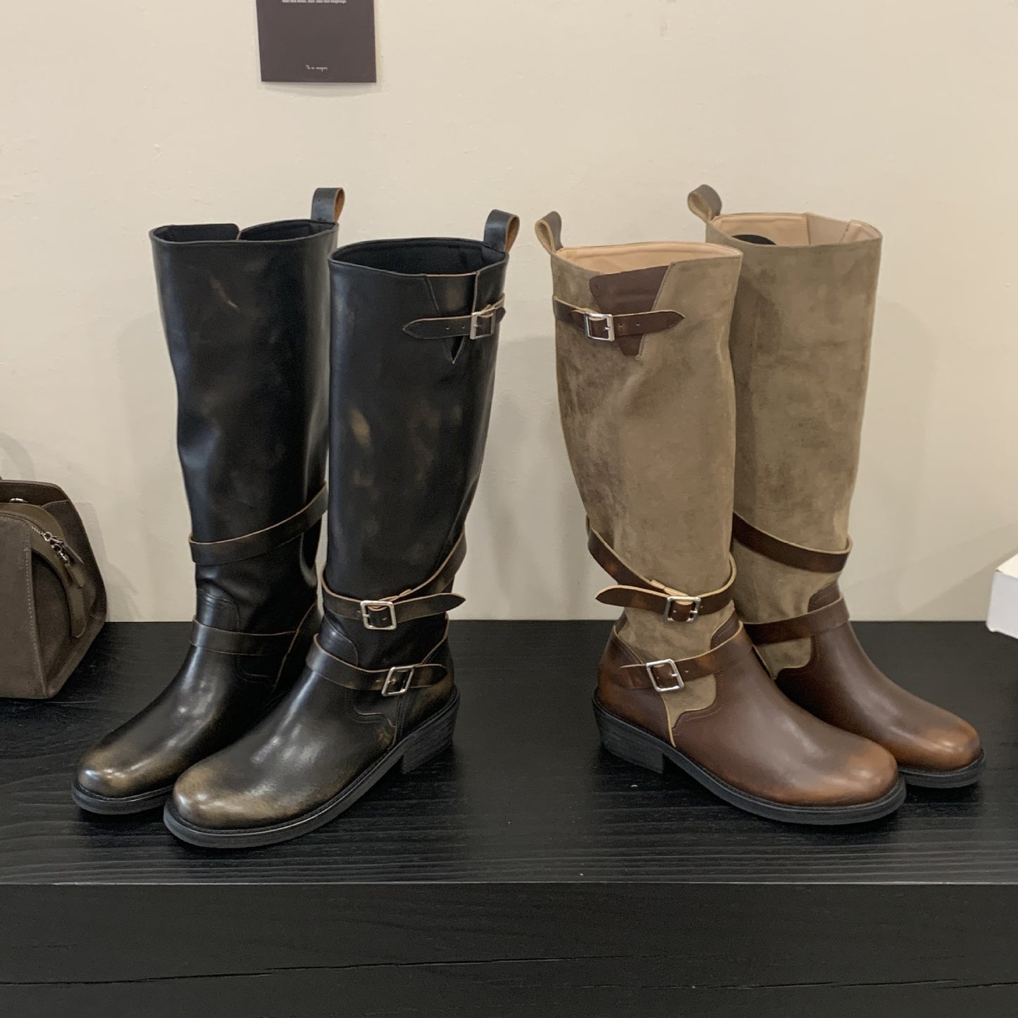 Color Pleated Long Female Autumn Chunky Belt Buckle Biker Pile Women's Leather Boots