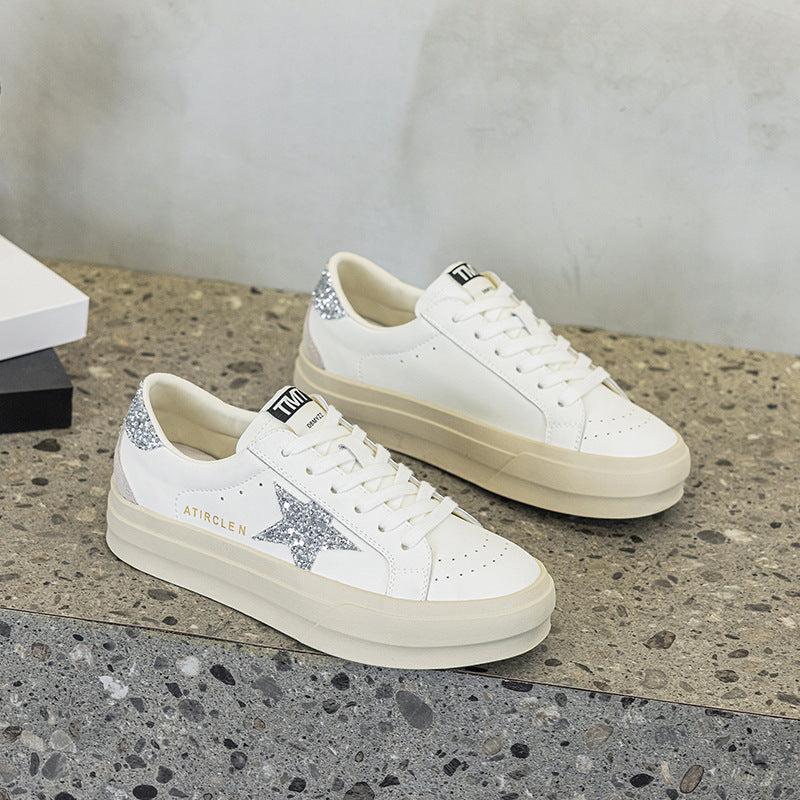 Women's Star Pattern Sports Increased Lace Up Breathable White Sneakers