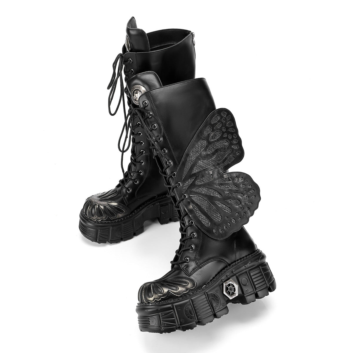 Brushed Sier Extra Dark Motorcycle Heavy Metal Thick Bottom Punk Women's Leather Boots