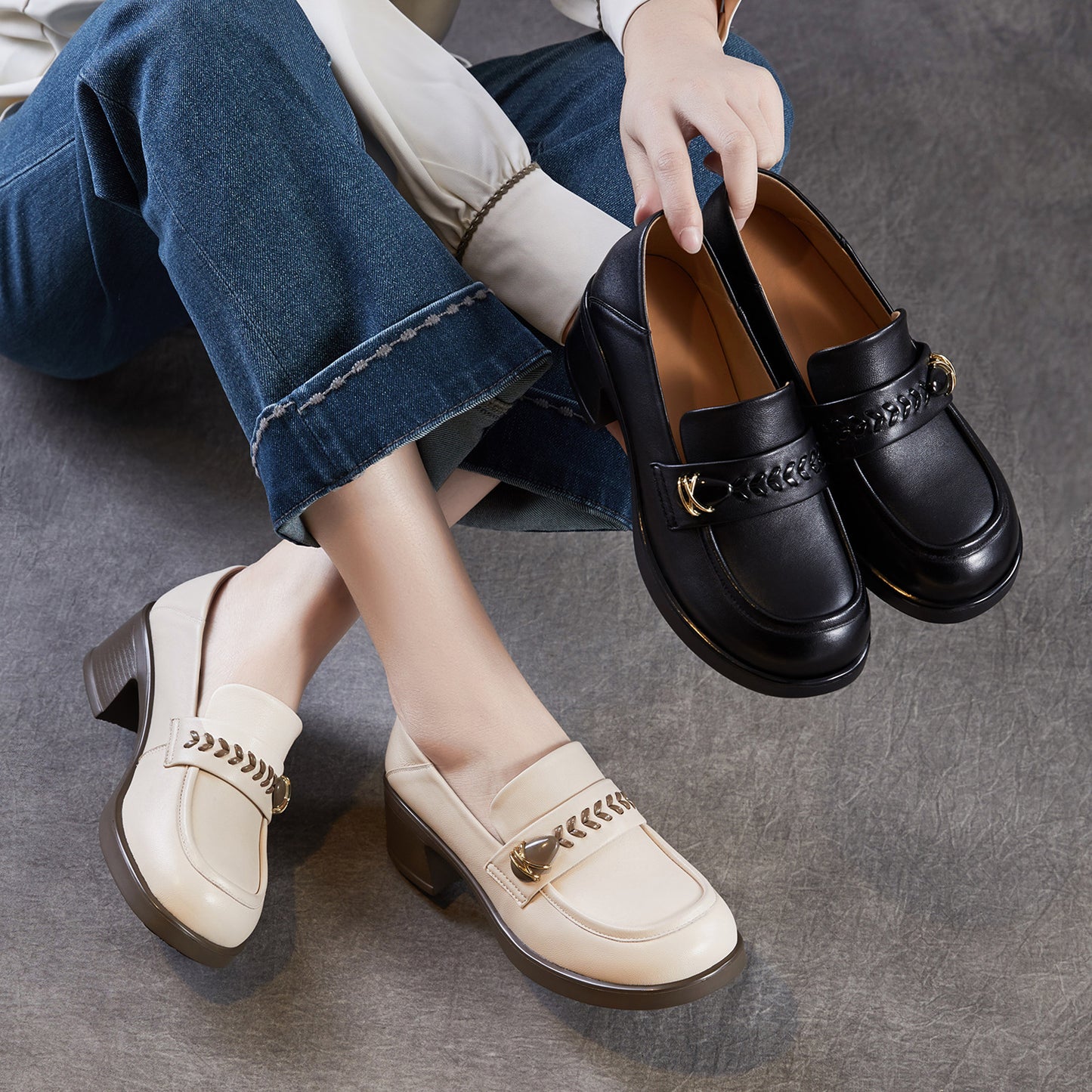 Women's Sheepskin Chunky Spring Genuine Slip-on Mid Round Loafers